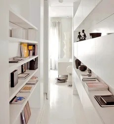 Shelves in a narrow hallway photo