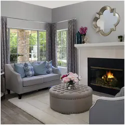 Gray living room with fireplace photo