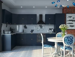 Blue kitchen black countertop photo