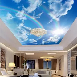 Photo wallpaper on the ceiling in the kitchen