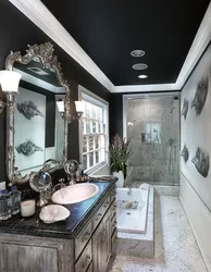 Photo of a bathroom with a black ceiling