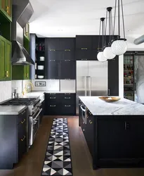 Gray kitchen with black refrigerator photo