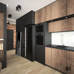 Gray Kitchen With Black Refrigerator Photo