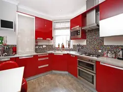 Gray kitchen with red apron photo