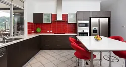 Gray kitchen with red apron photo