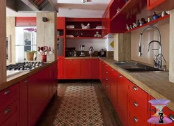 Серая кухня с красным фартуком фото