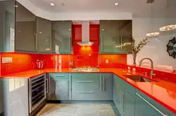 Gray kitchen with red apron photo