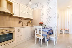 Photo of a kitchen on one wall, cream