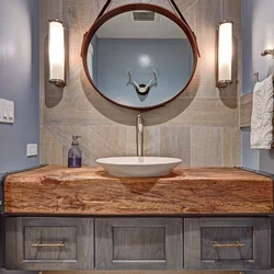 Wooden countertop in the bathroom photo design