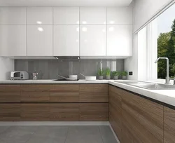 Gray kitchen with wood-effect apron photo