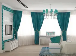 Curtains for turquoise wallpaper in the bedroom photo