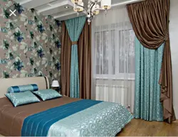 Curtains for turquoise wallpaper in the bedroom photo