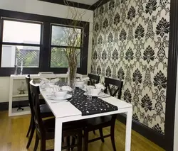 Photo of wallpaper for a living room with a white kitchen