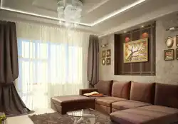 Фото штор в гостиной с темным диваном