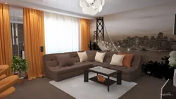 Photo of curtains in the living room with a dark sofa