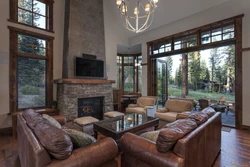 Living Room With Fireplace And Panoramic Windows Photo