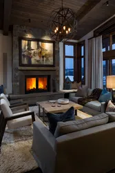 Living room with fireplace and panoramic windows photo