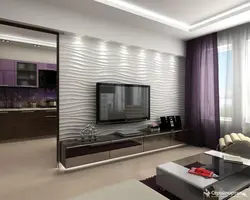 Qonaq otağının interyerindəki 3D panellər televizorla fotoşəkil