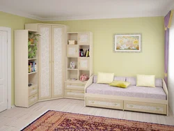 Bedroom with corner sofa and corner wardrobe photo