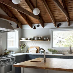 Ceiling Design In The Kitchen In A Wooden House Photo
