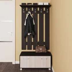 Narrow wardrobe in the hallway with a shoe rack and a hanger photo