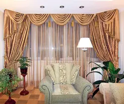 Curtains for the living room in a modern style with a lambrequin, photos of your own