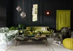 Черно зеленый интерьер гостиной