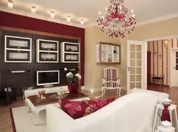 Beige burgundy living room interior