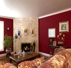 Beige burgundy living room interior