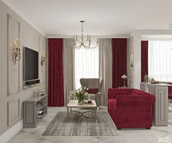 Beige burgundy living room interior