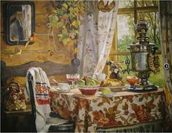 Kitchen interior with samovars