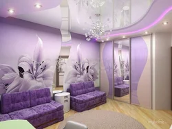 Living room interior lilac ceiling