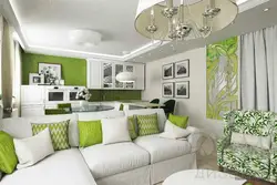 Серо зеленый интерьер гостиной кухни