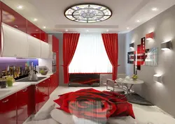 Burgundy curtains in the kitchen interior