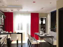 Burgundy curtains in the kitchen interior