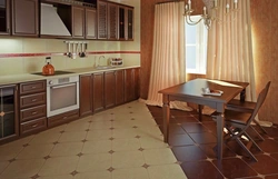 Brown porcelain tiles in the kitchen interior