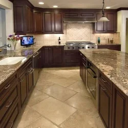 Brown porcelain tiles in the kitchen interior