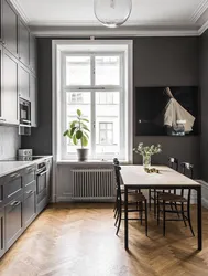 Interior white kitchen dark walls