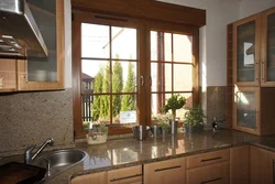 Wooden windows in the kitchen interior