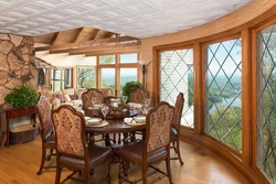 Wooden windows in the kitchen interior