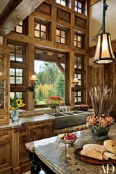 Wooden windows in the kitchen interior