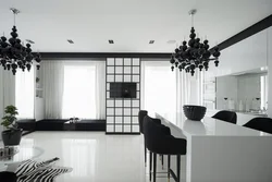 Интерьер гостиной черно белый потолок
