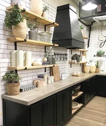 Loft shelves in the kitchen interior