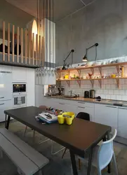 Loft shelves in the kitchen interior