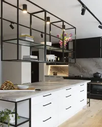 Loft shelves in the kitchen interior