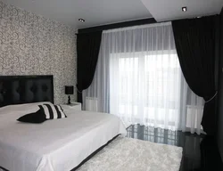 Interior bedroom black and white curtains