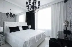 Інтэр'ер спальня чорна белае шторы