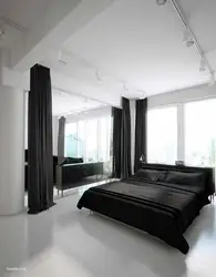 Interior bedroom black and white curtains