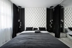Interior bedroom black and white curtains