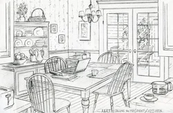 Drawings of kitchen interior with flowers
